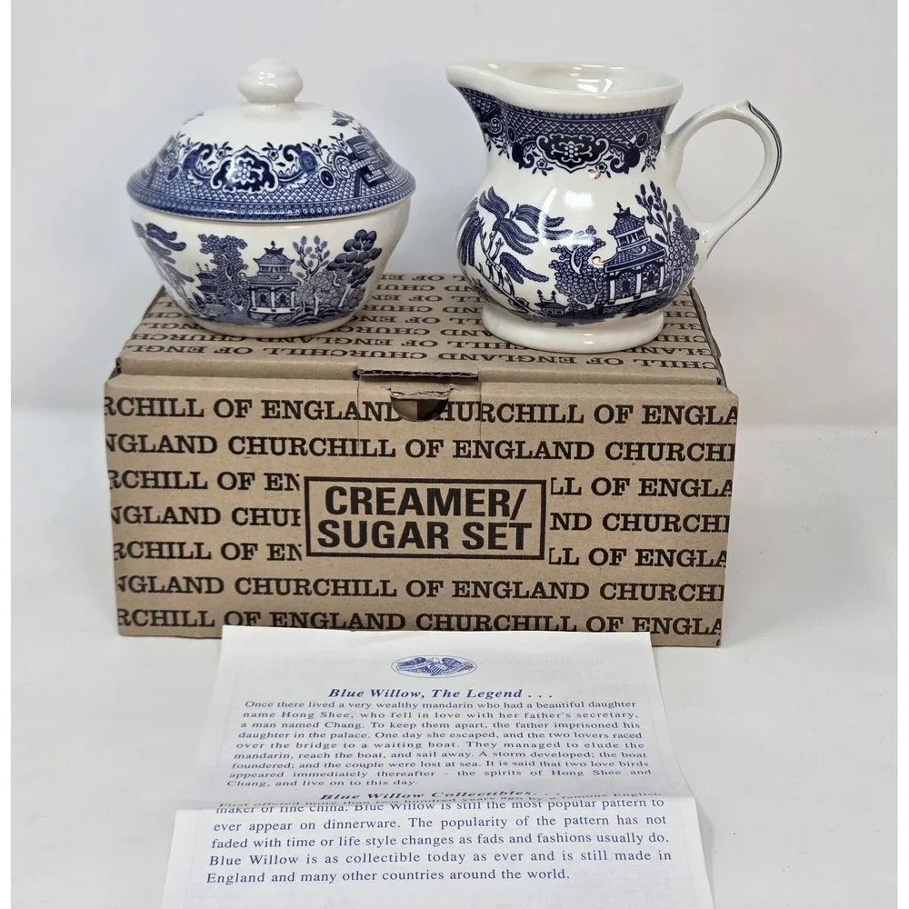 Churchill Blue Willow England Creamer Sugar Bowl Set New in Original Box